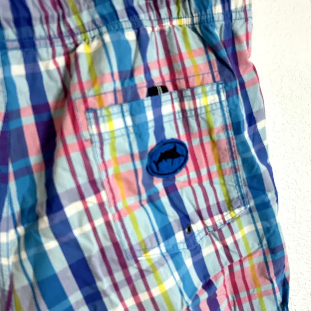 Nautical Hybrid Swim Casual Shorts Mens Size XL Plaid Blue Pink Yellow Preppy 7